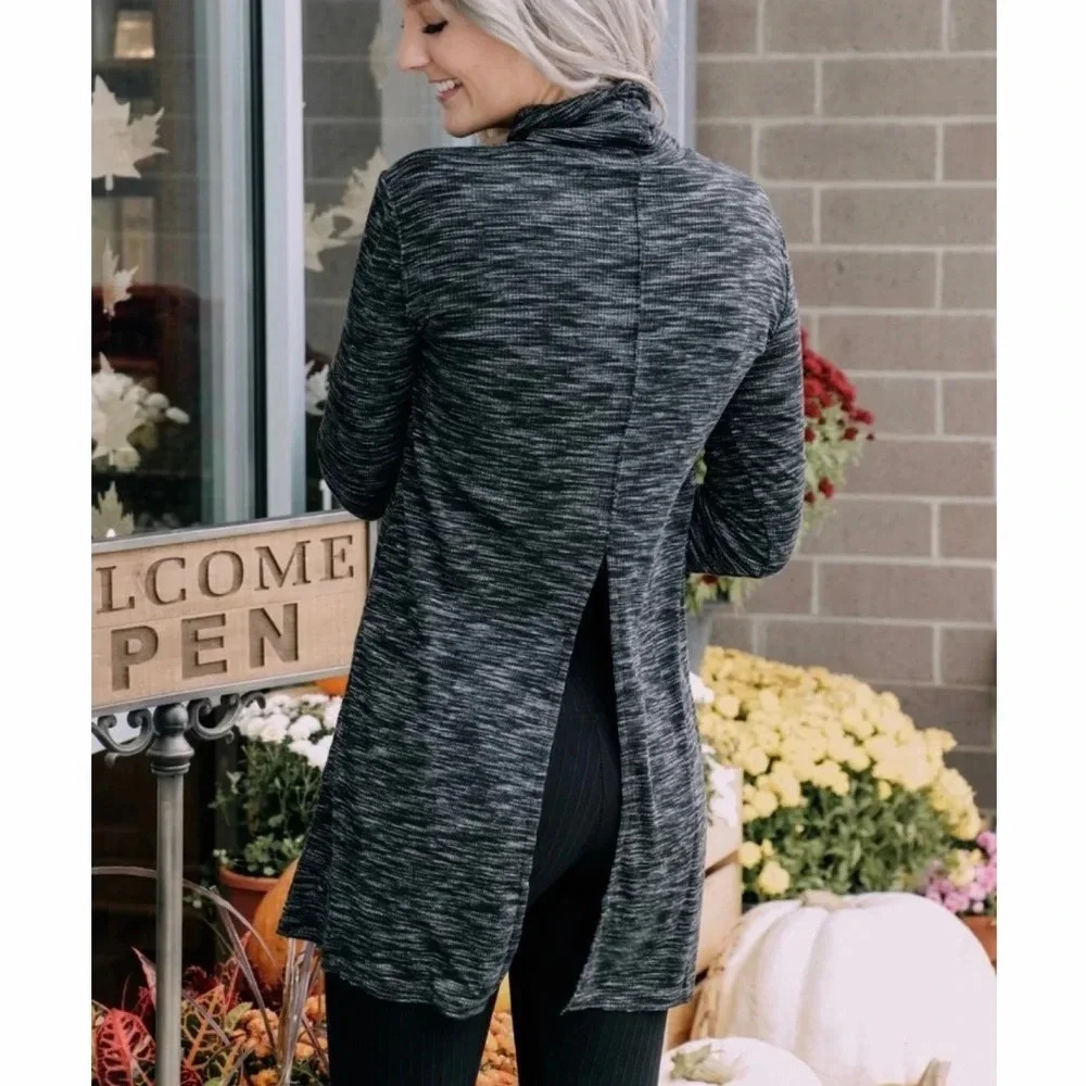 Free People Stone Cold Black Heather Split Back Turtleneck Tunic Size XS